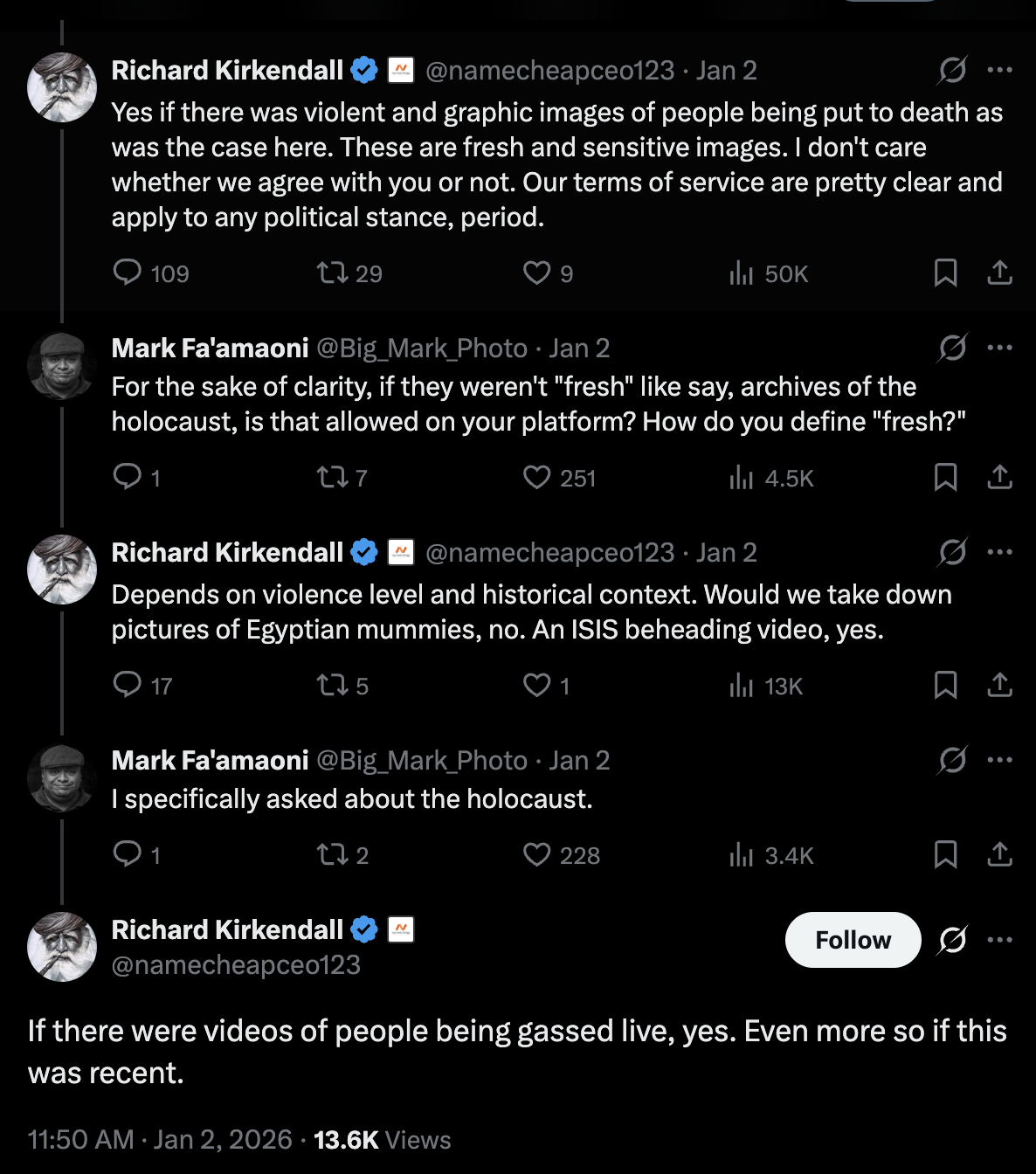 Screen capture from Twitter of Richard Kirkendall saying he would have censored evidence of Nazis gassing Jews